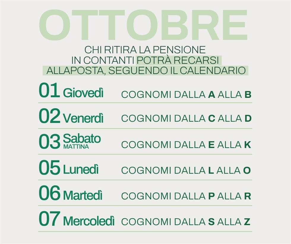 Pensione di ottobre 2026, il calendario dei pagamenti